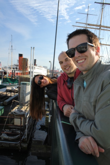 San Francisco Bay in december, friends on the dock